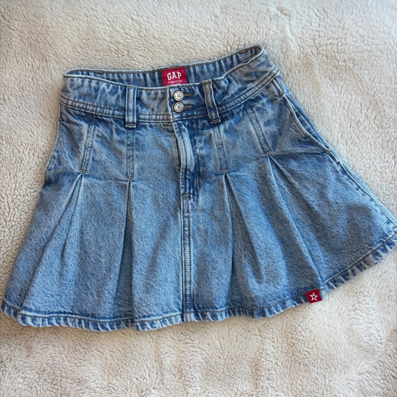 Gap X American Girl Girls Denim Pleated Mini Skirt Light Wash 7 Adjustable Waist